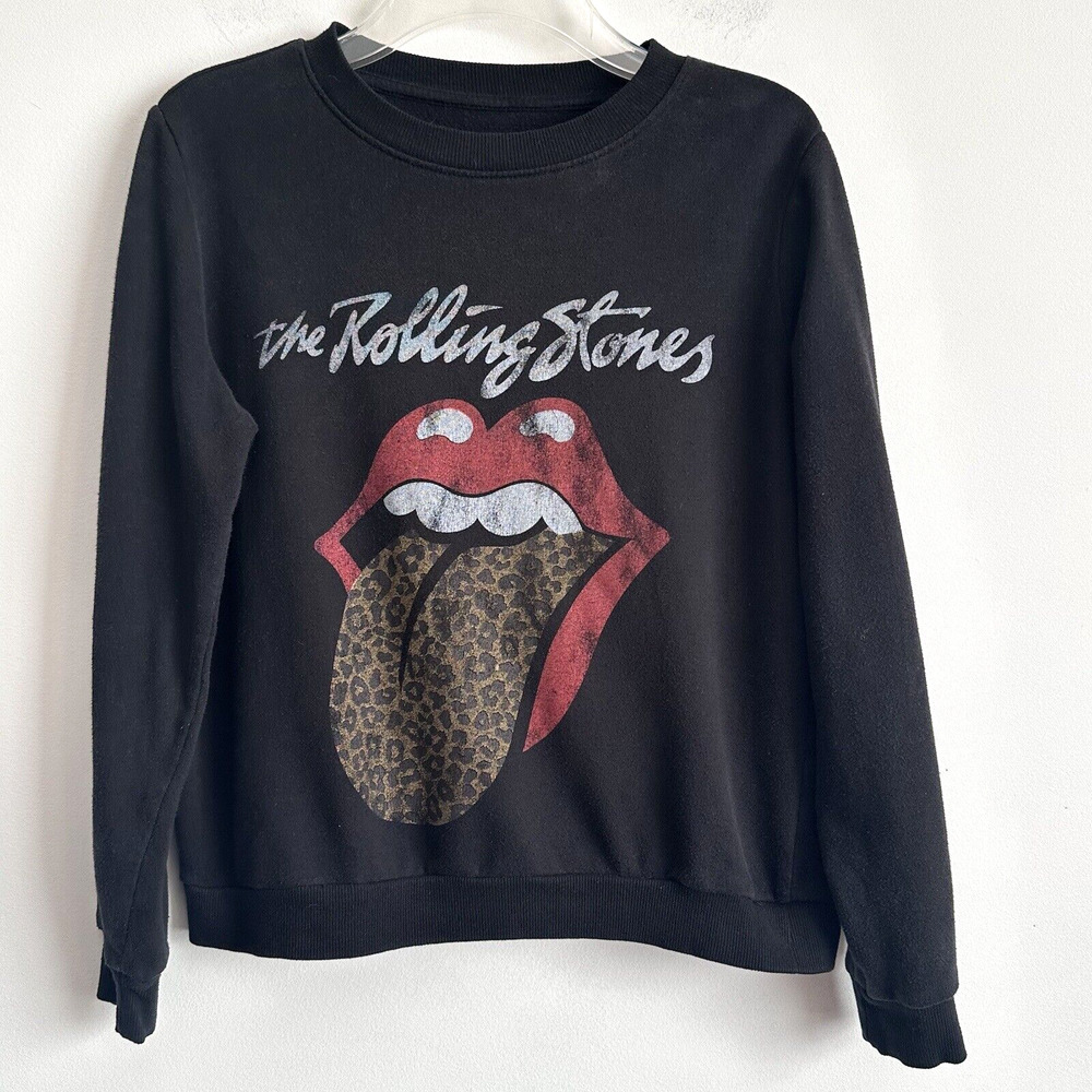 The Rolling Stones Sweatshirt Womens S Crop Leopard Print Tongue Graphic Black